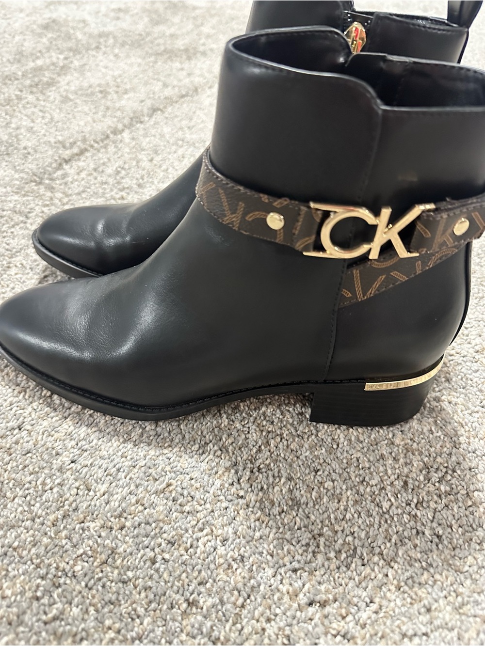 Calvin Klein Black Leather Ankle Boots with Monogram Strap and Gold CK Accent
